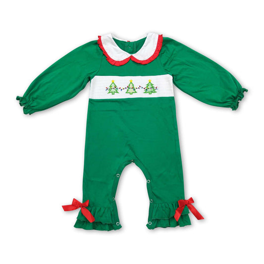 Green smocked Christmas tree baby girls romper