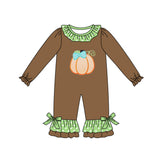 Long sleeves pumpkin ruffle polka dots girls fall romper
