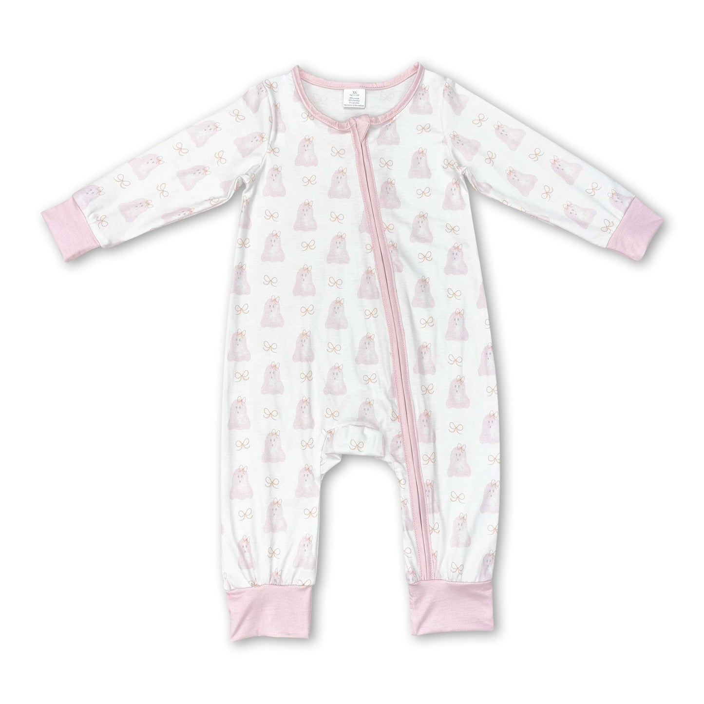 Pink long sleeves dog baby girls bamboo zipper romper