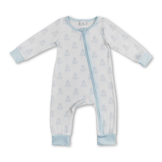 Light blue long sleeves dog baby boys bamboo zipper romper