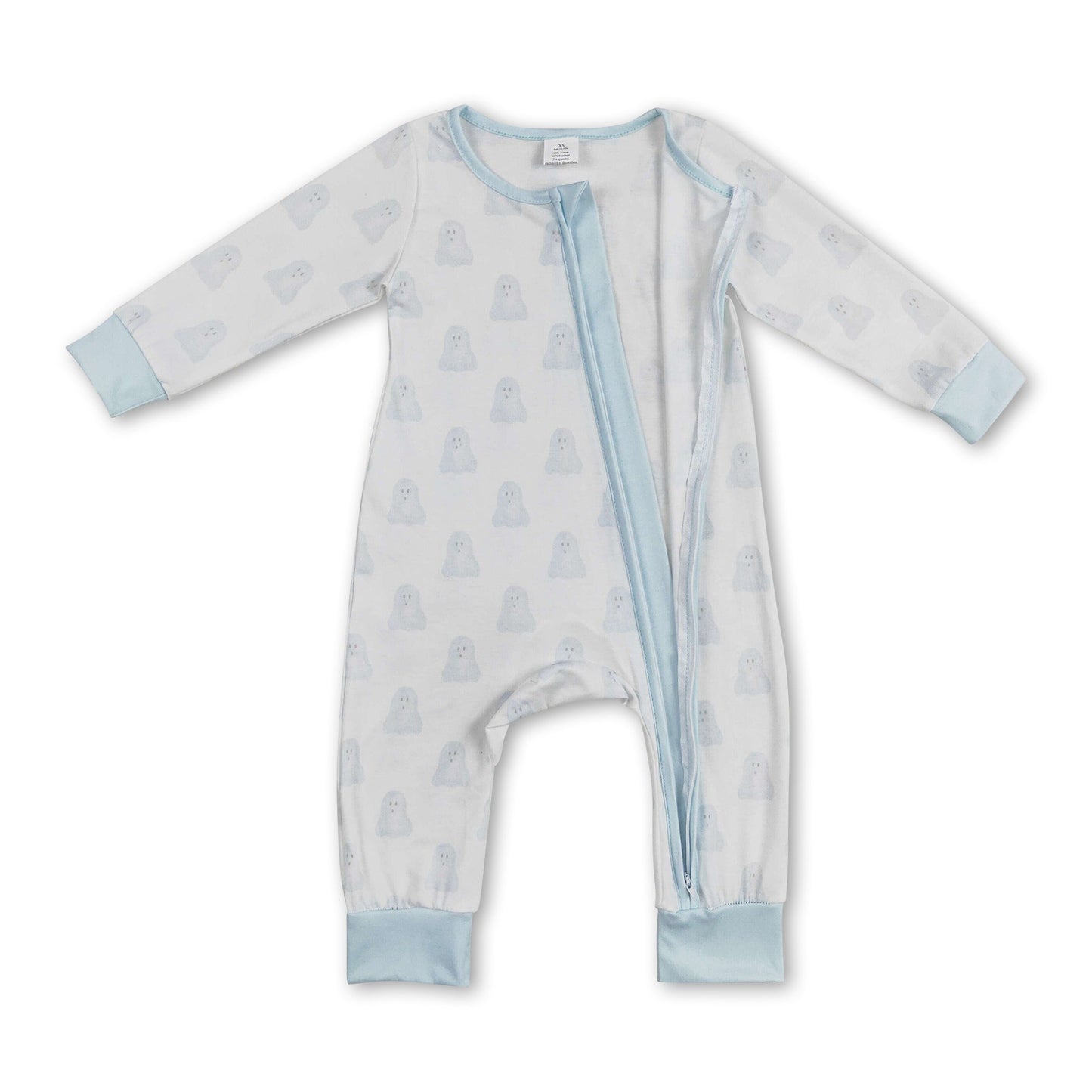 Light blue long sleeves dog baby boys bamboo zipper romper