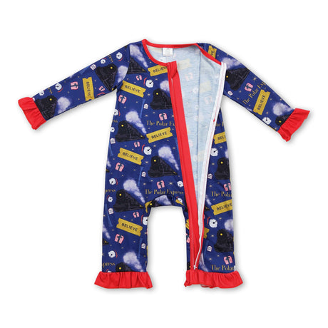 Train believe baby girls Christmas zipper romper