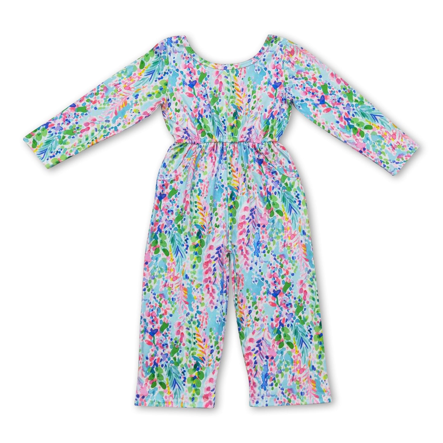 Long sleeves watercolor floral baby girls jumpsuit