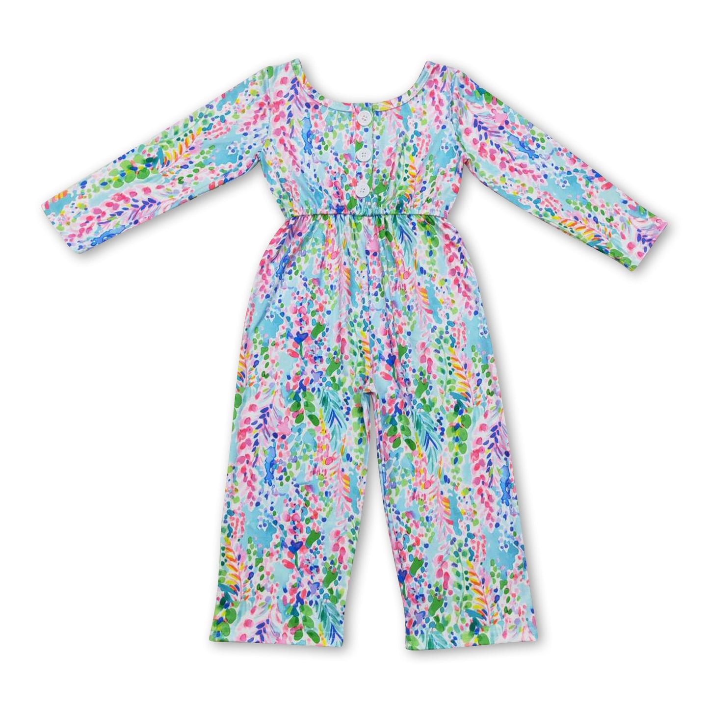 Long sleeves watercolor floral baby girls jumpsuit