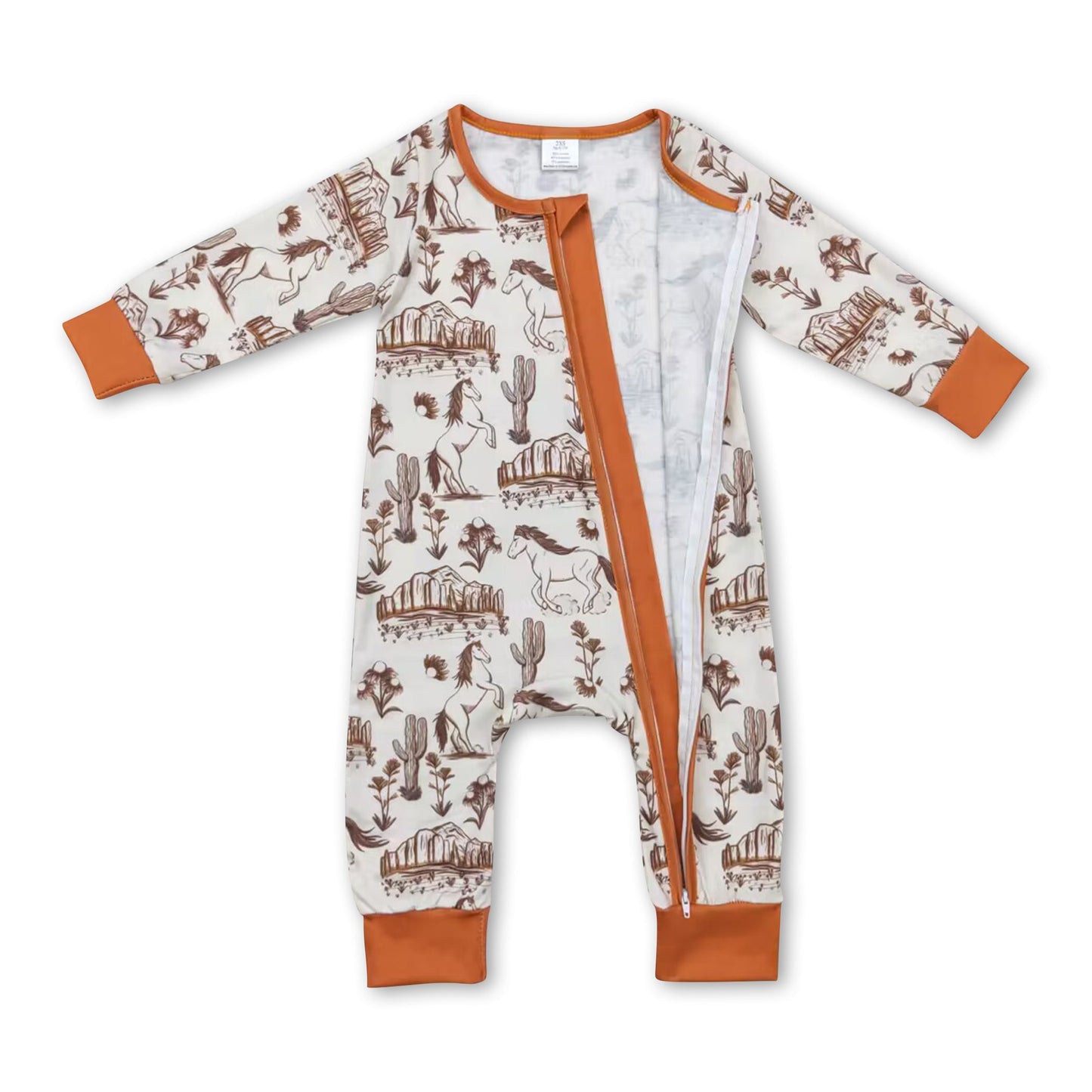 Long sleeves horse cactus baby kids western bamboo zipper romper