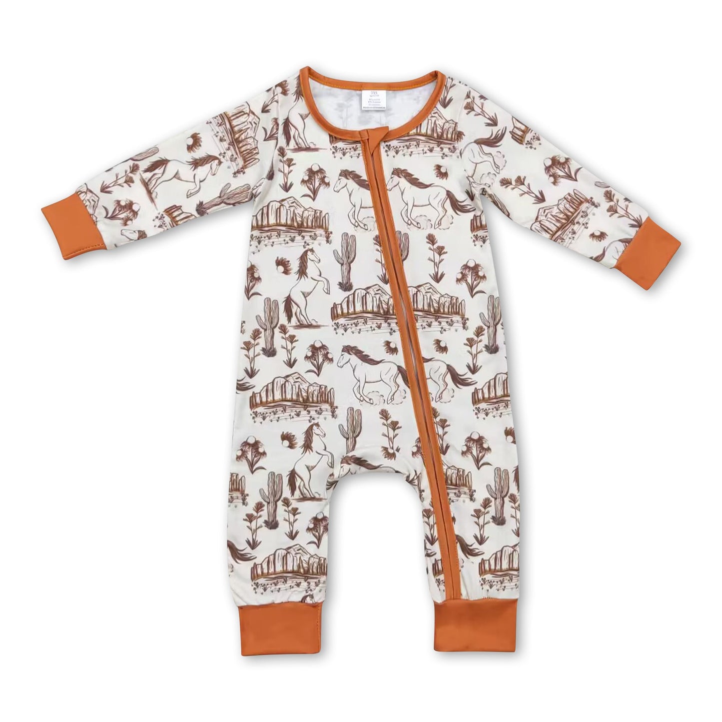 Long sleeves horse cactus baby kids western bamboo zipper romper