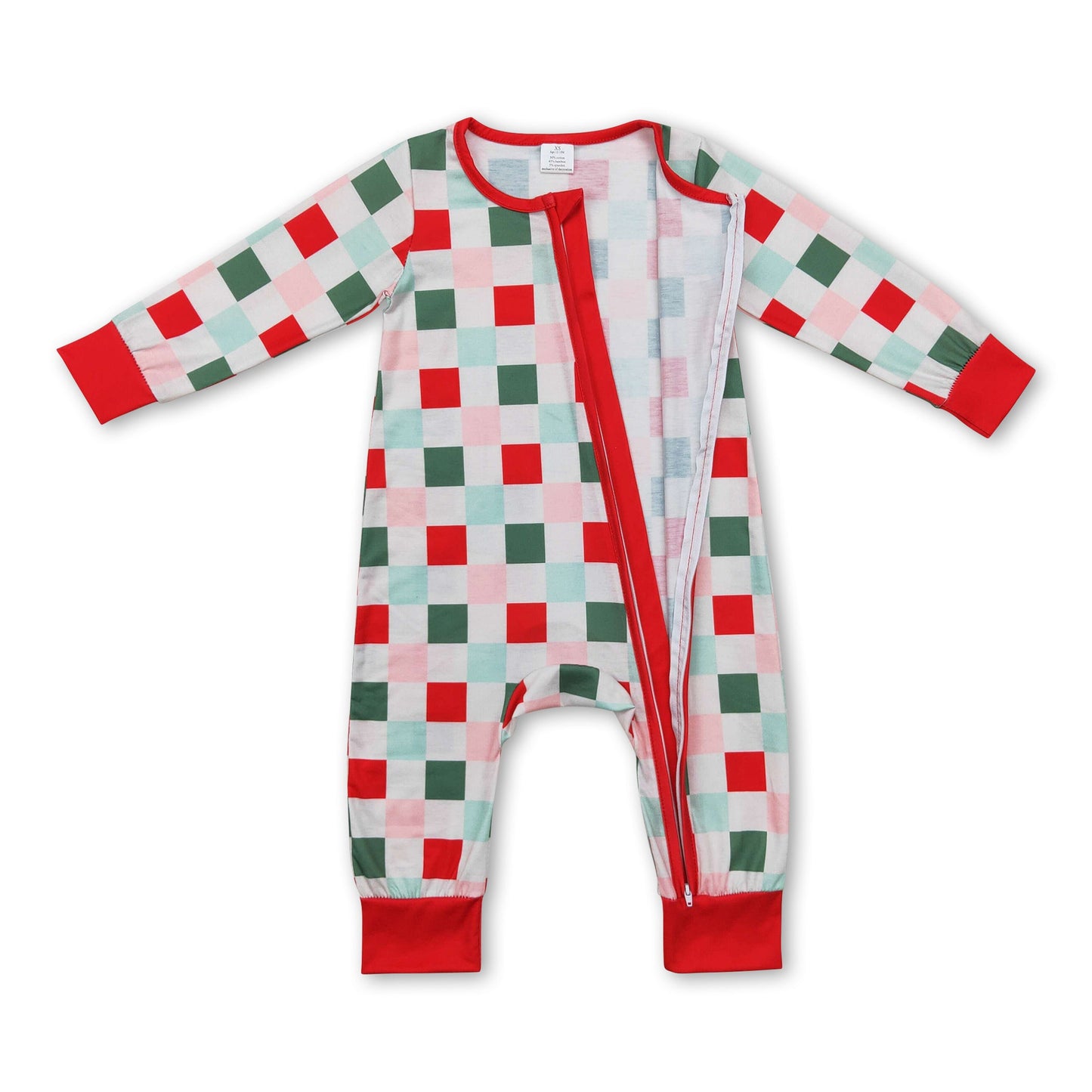 Red green plaid baby kids Christmas bamboo zipper romper