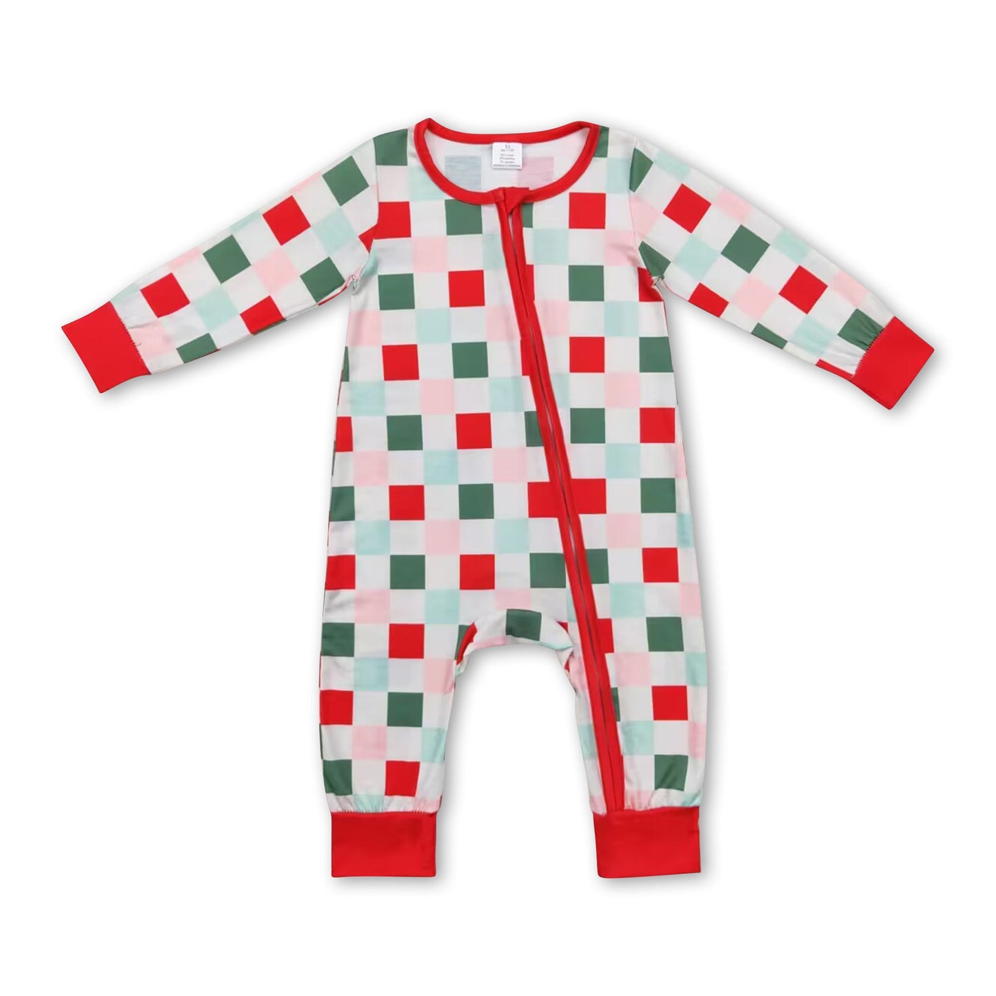 Red green plaid baby kids Christmas bamboo zipper romper