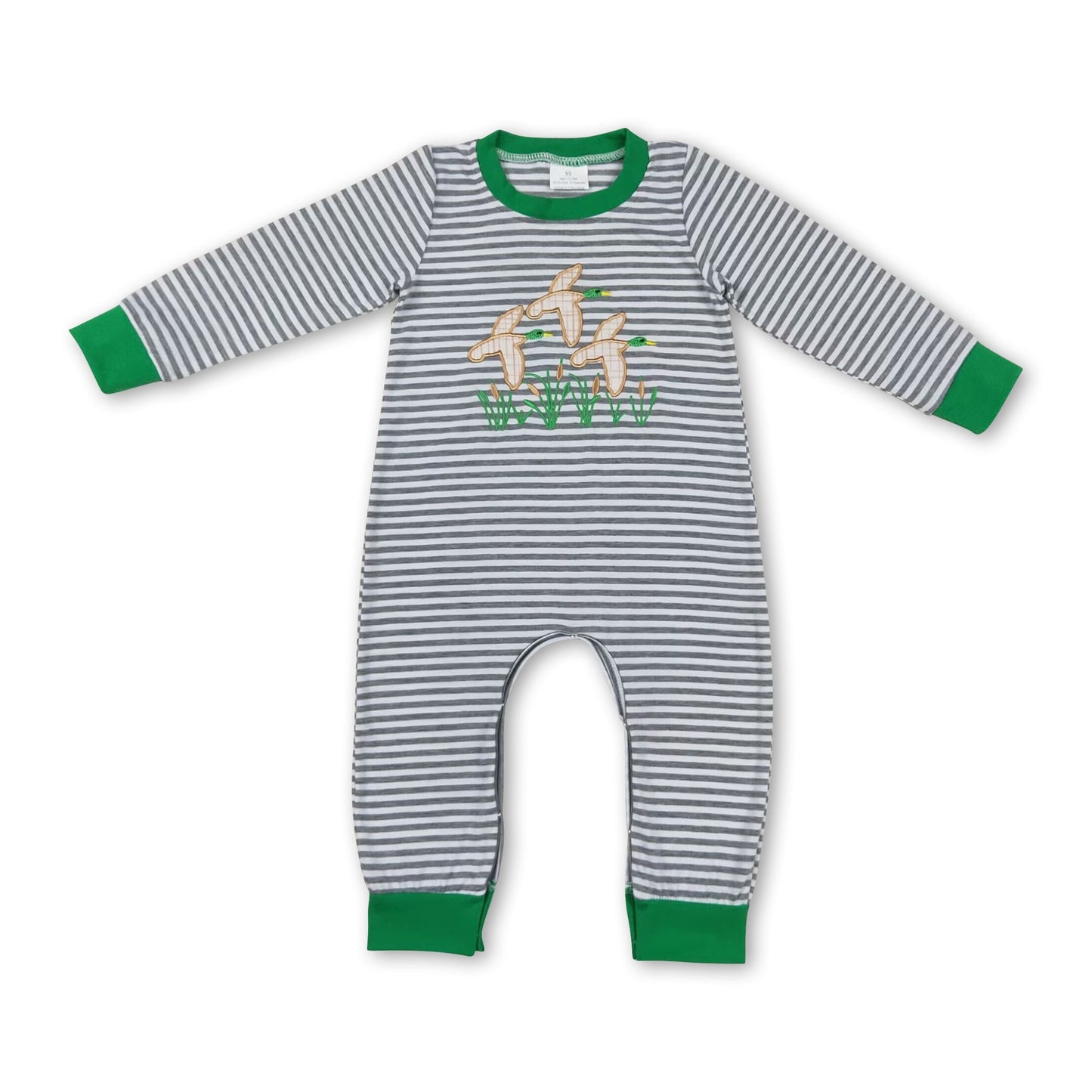 Green stripe long sleeves duck baby boy romper