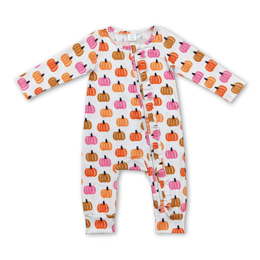 Pink pumpkin long sleeves baby girls zipper fall romper