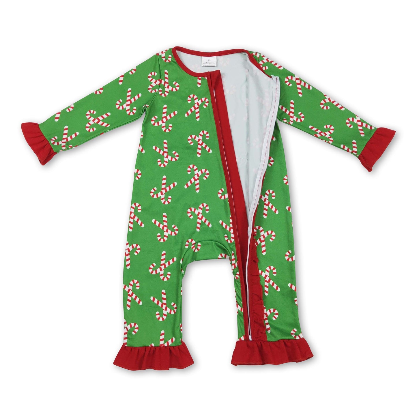 Green candy cane baby girls Christmas zipper romper