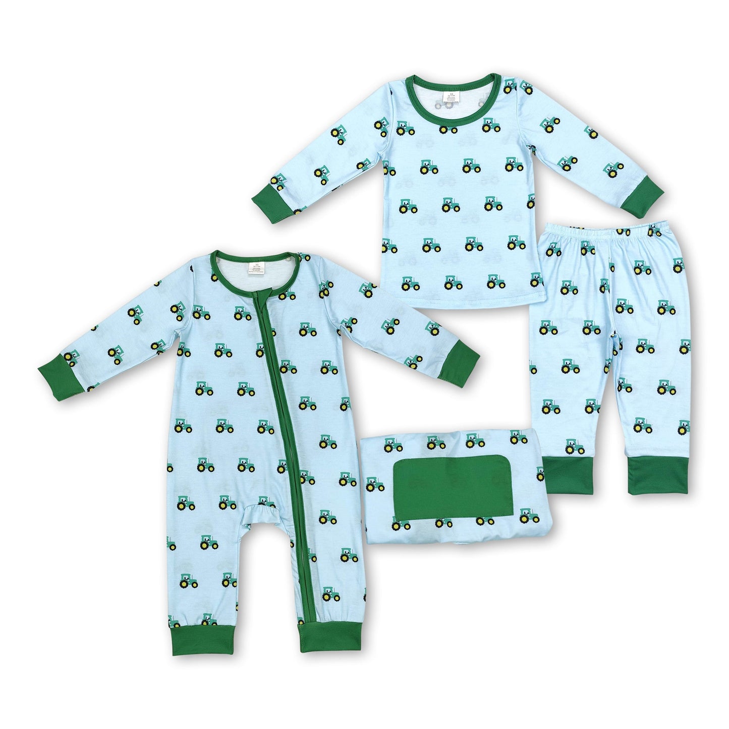 Long sleeves green tractor boy bamboo zipper farm romper