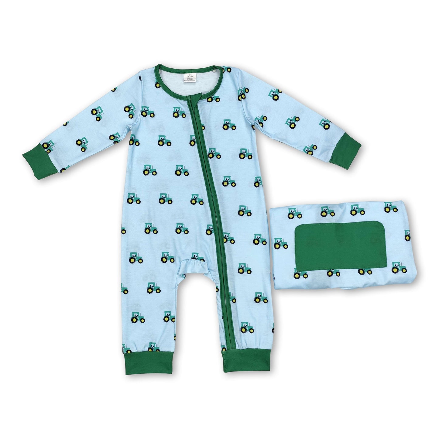 Long sleeves green tractor boy bamboo zipper farm romper