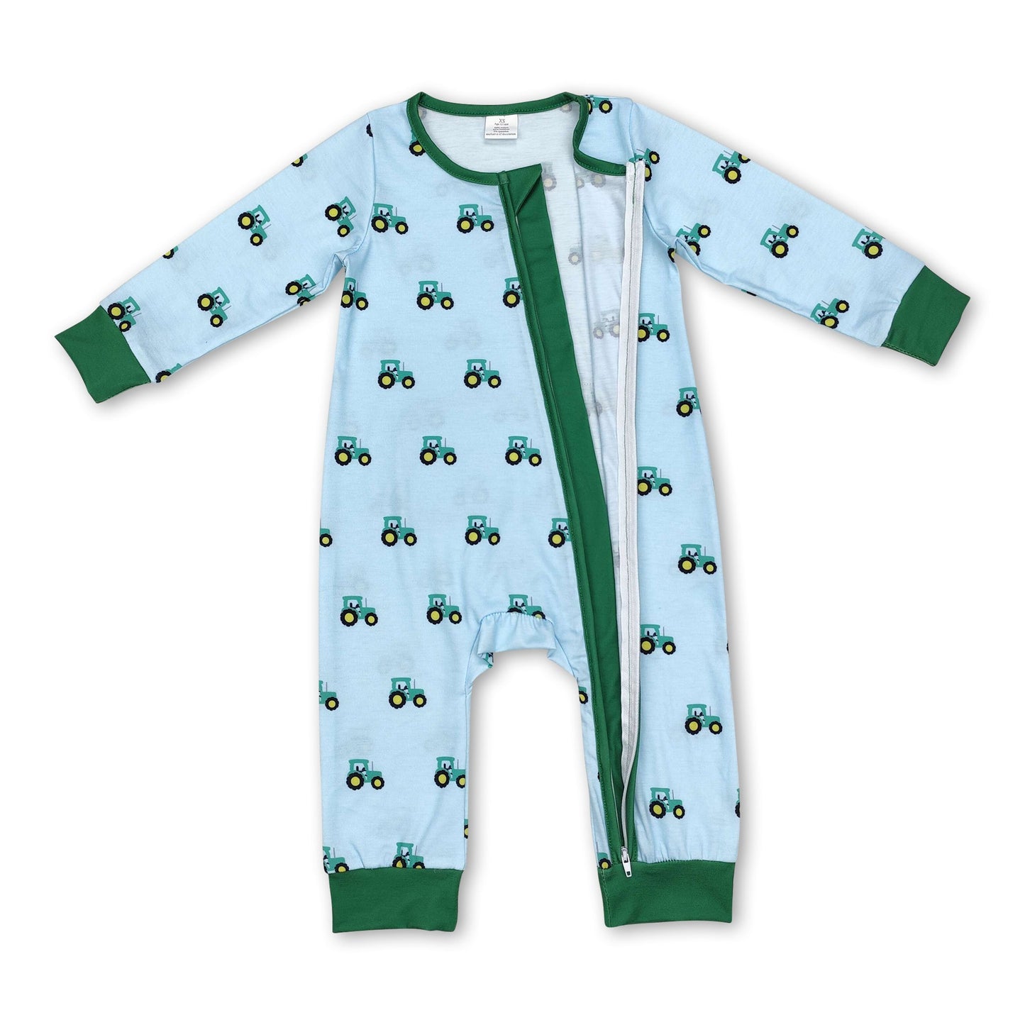 Long sleeves green tractor boy bamboo zipper farm romper