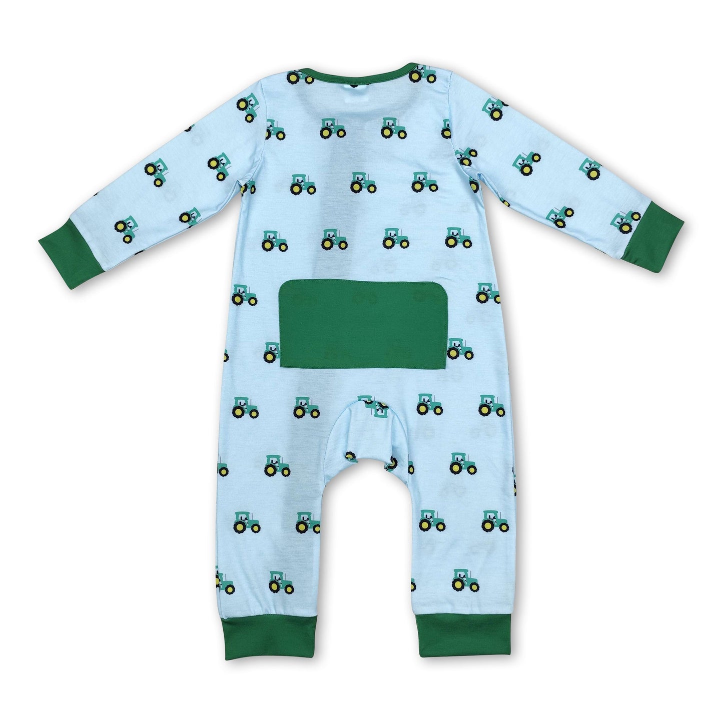 Long sleeves green tractor boy bamboo zipper farm romper