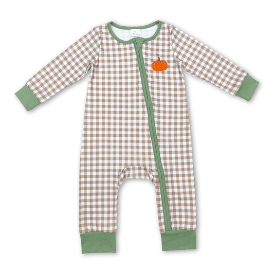 Long sleeves plaid pumpkin baby boy zipper fall romper