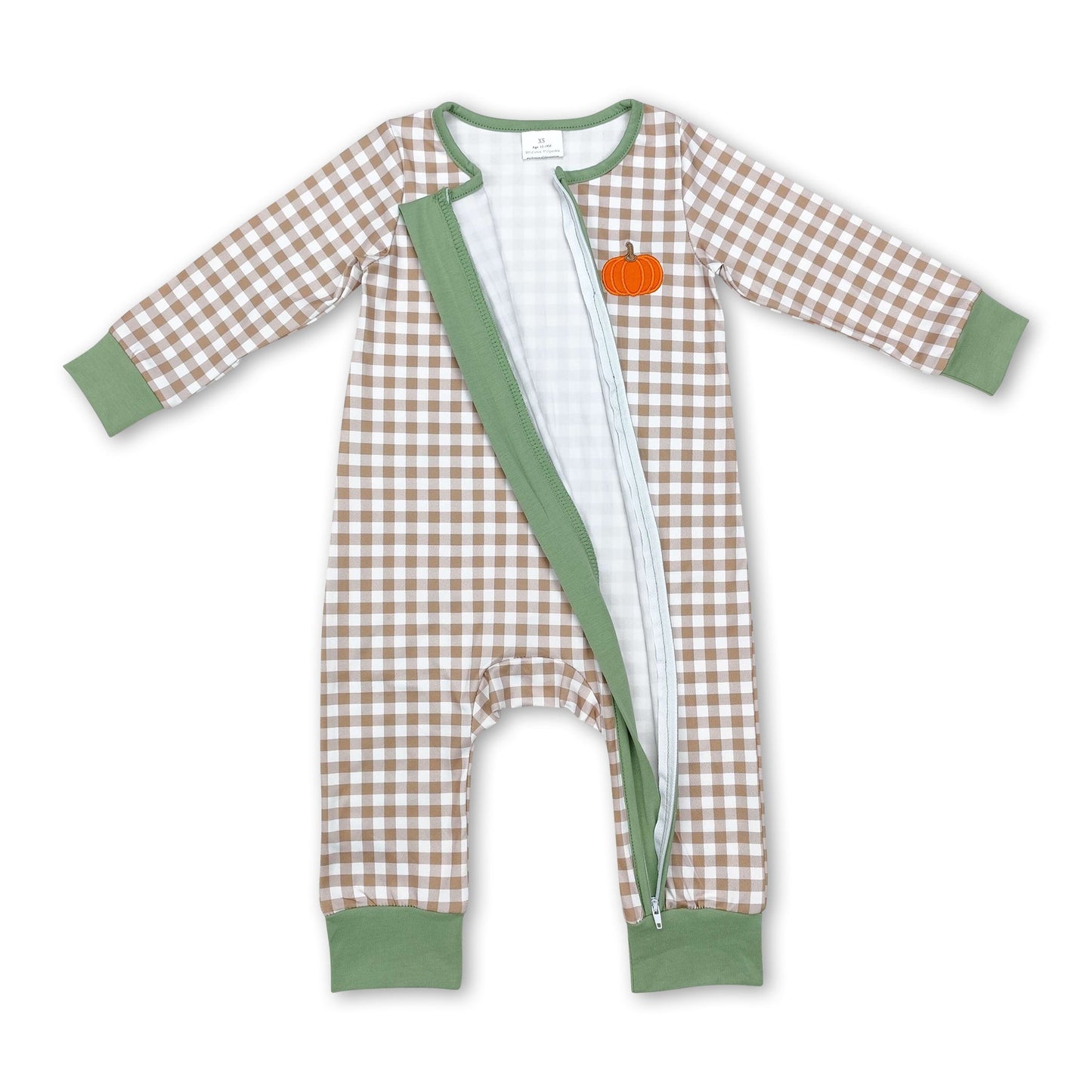 Long sleeves plaid pumpkin baby boy zipper fall romper