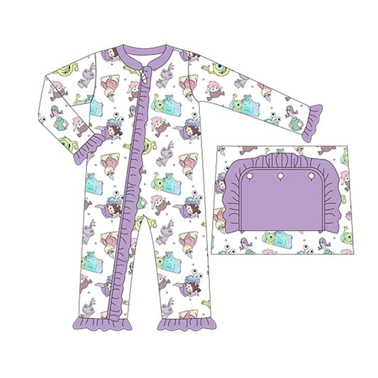 Lavender long sleeves monster baby girl zipper romper