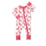 Long sleeves pink plaid bow baby girls zipper romper