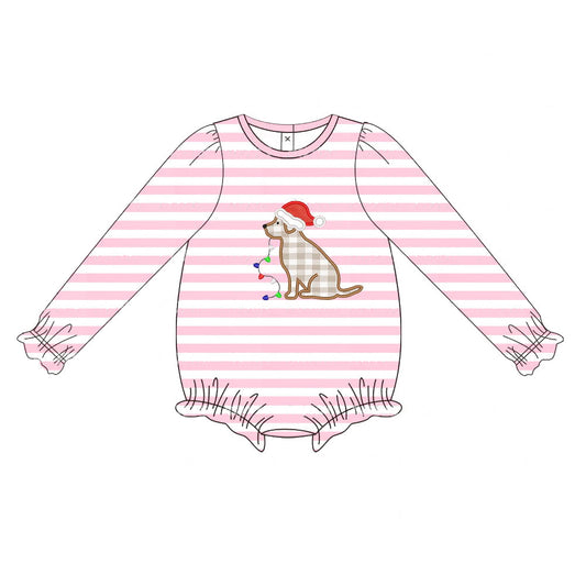 Pink stripe dog Christmas lighting baby girls romper