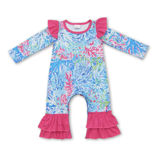 Pink long sleeves ruffle watercolor baby girls romper