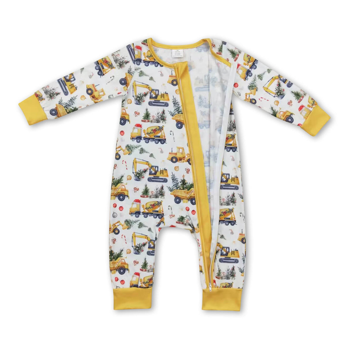 Yellow constructions Christmas tree boy bamboo zipper romper