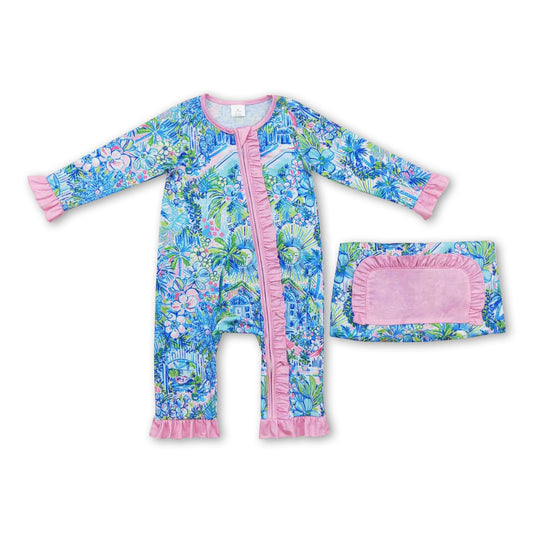 Pink ruffle watercolor blue floral baby girls zipper romper