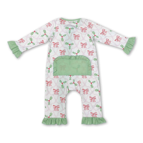 Ruffle Christmas berry pink bow baby girls zipper romper
