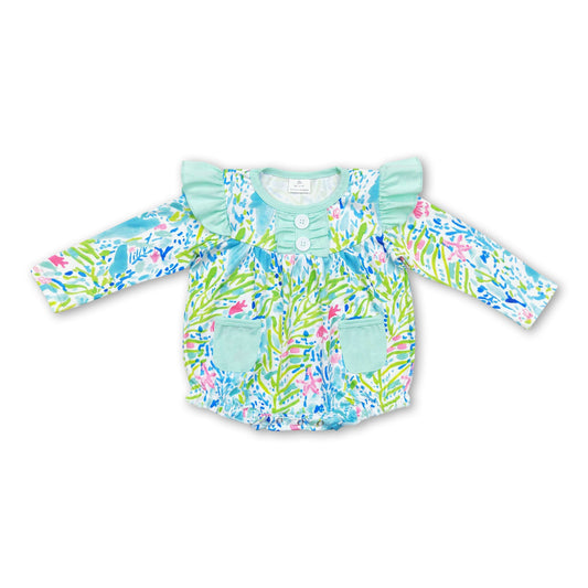 Long sleeves watercolor mint floral baby girls romper