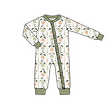 Long sleeves green pumpkin bow baby girls zipper romper