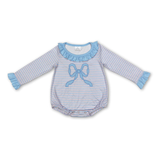 Long sleeves light blue bow stripe baby girls romper