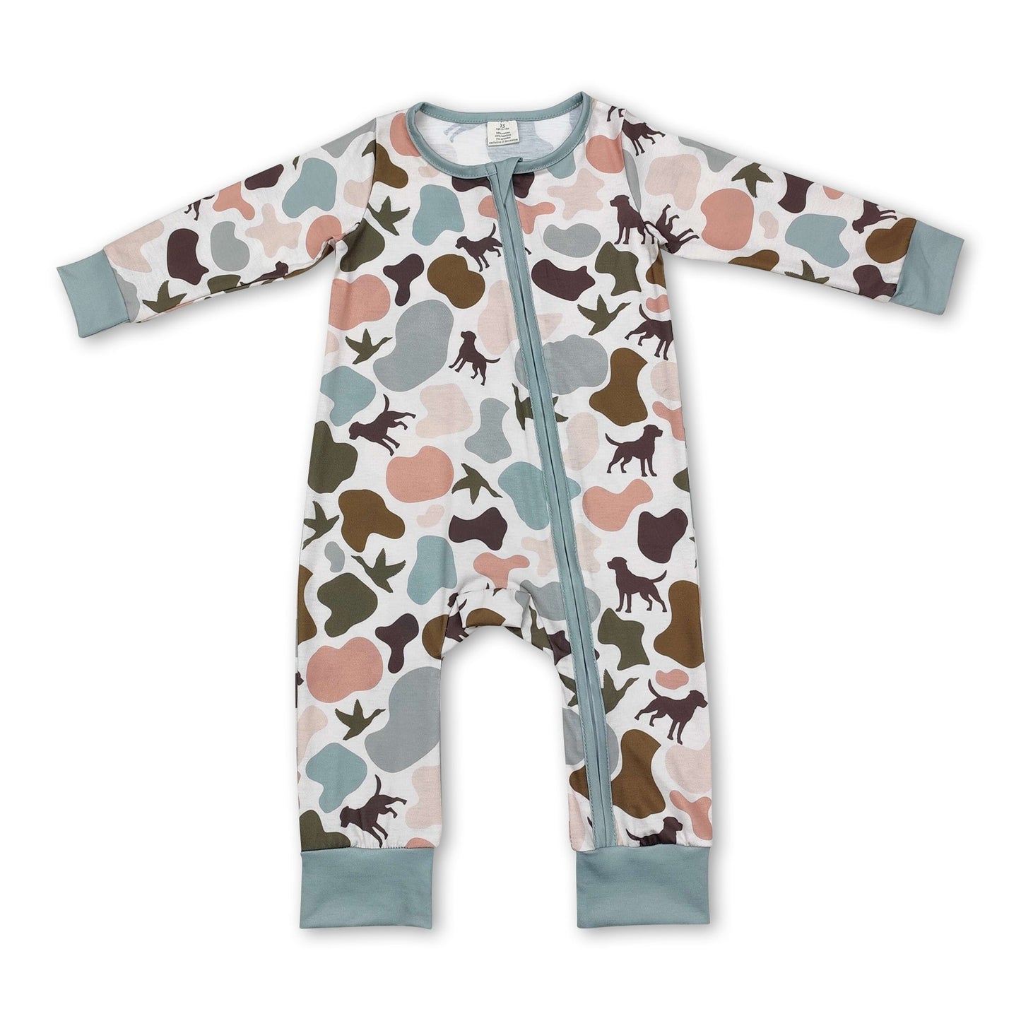 Dog duck camo baby boy bamboo zipper romper