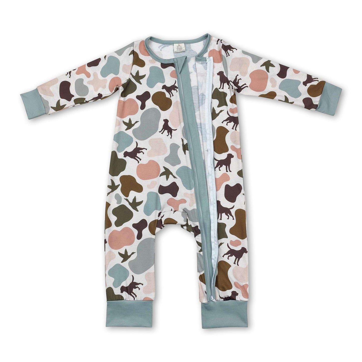 Dog duck camo baby boy bamboo zipper romper