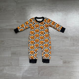 Long sleeves black plaid pumpkin boy Halloween romper