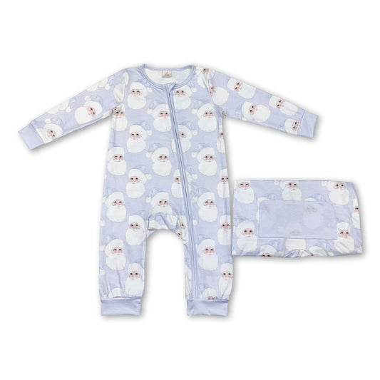 Light blue santa baby boys Christmas bamboo zipper romper