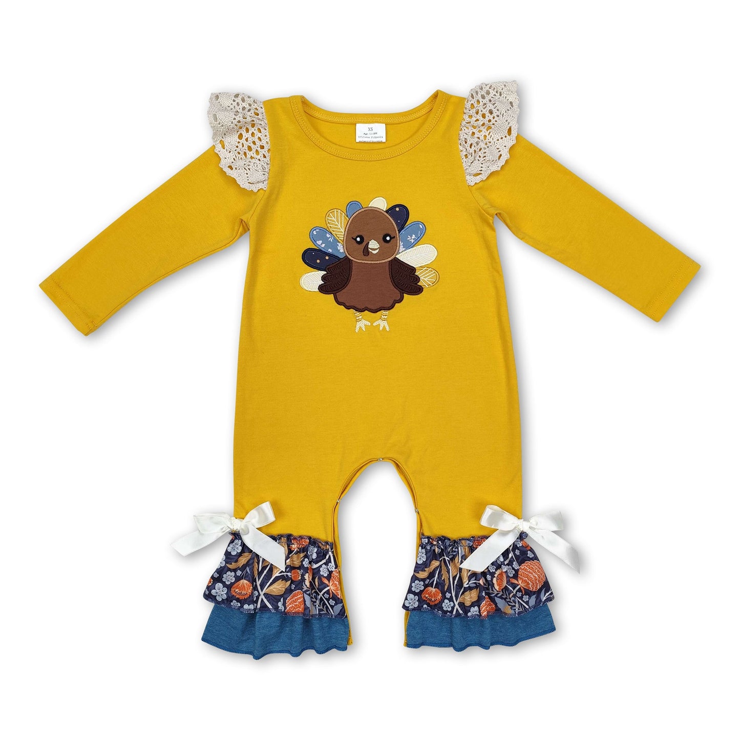 Mustard turkey ruffle baby girls Thanksgiving romper