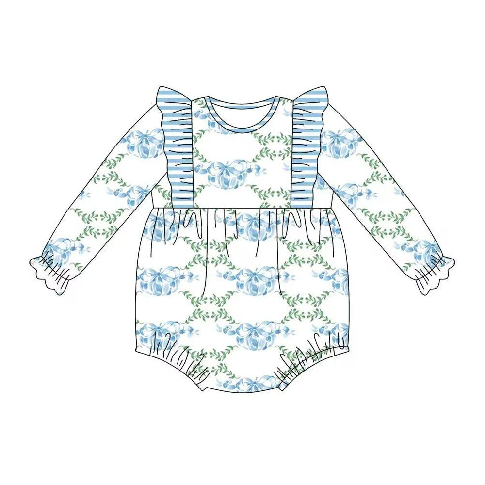 Long sleeves blue stripe pumpkin bow baby girls fall romper