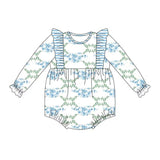 Long sleeves blue stripe pumpkin bow baby girls fall romper