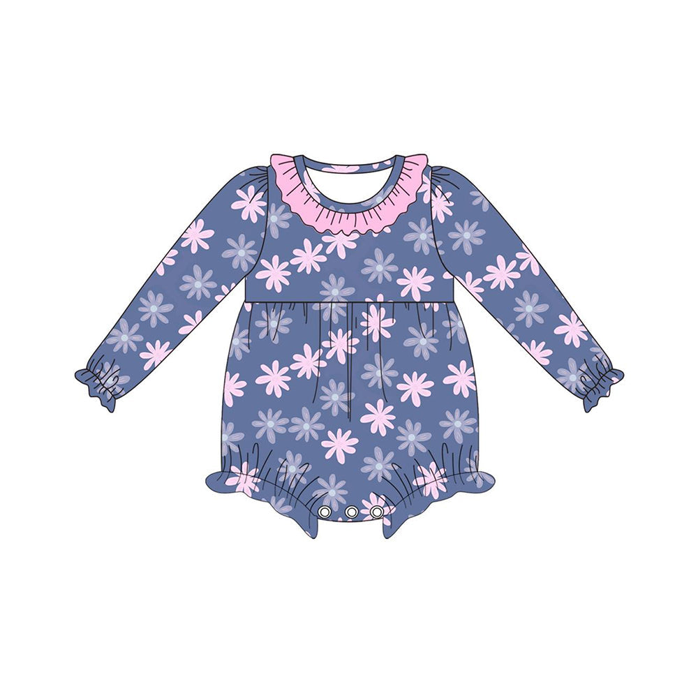 Long sleeves pink ruffle floral baby girls romper