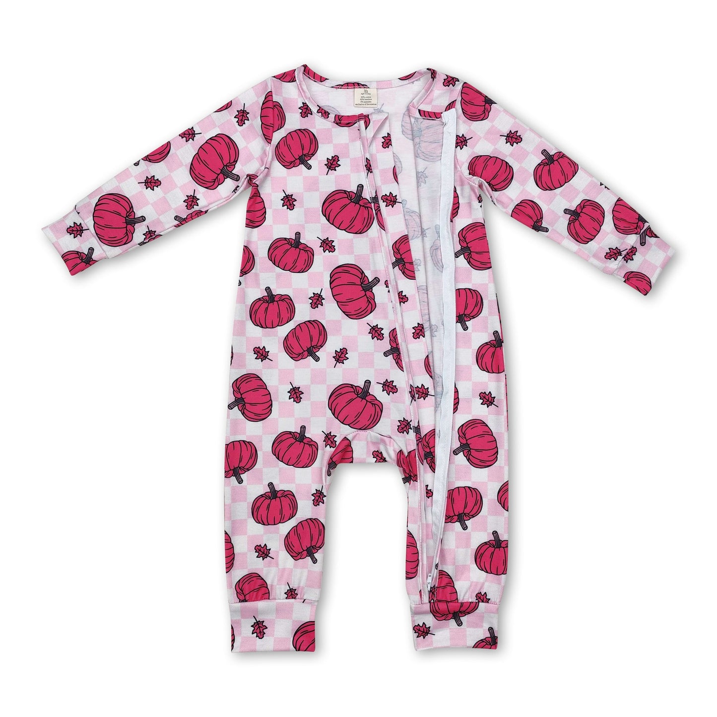 Pink plaid pumpkin baby girls fall zipper romper