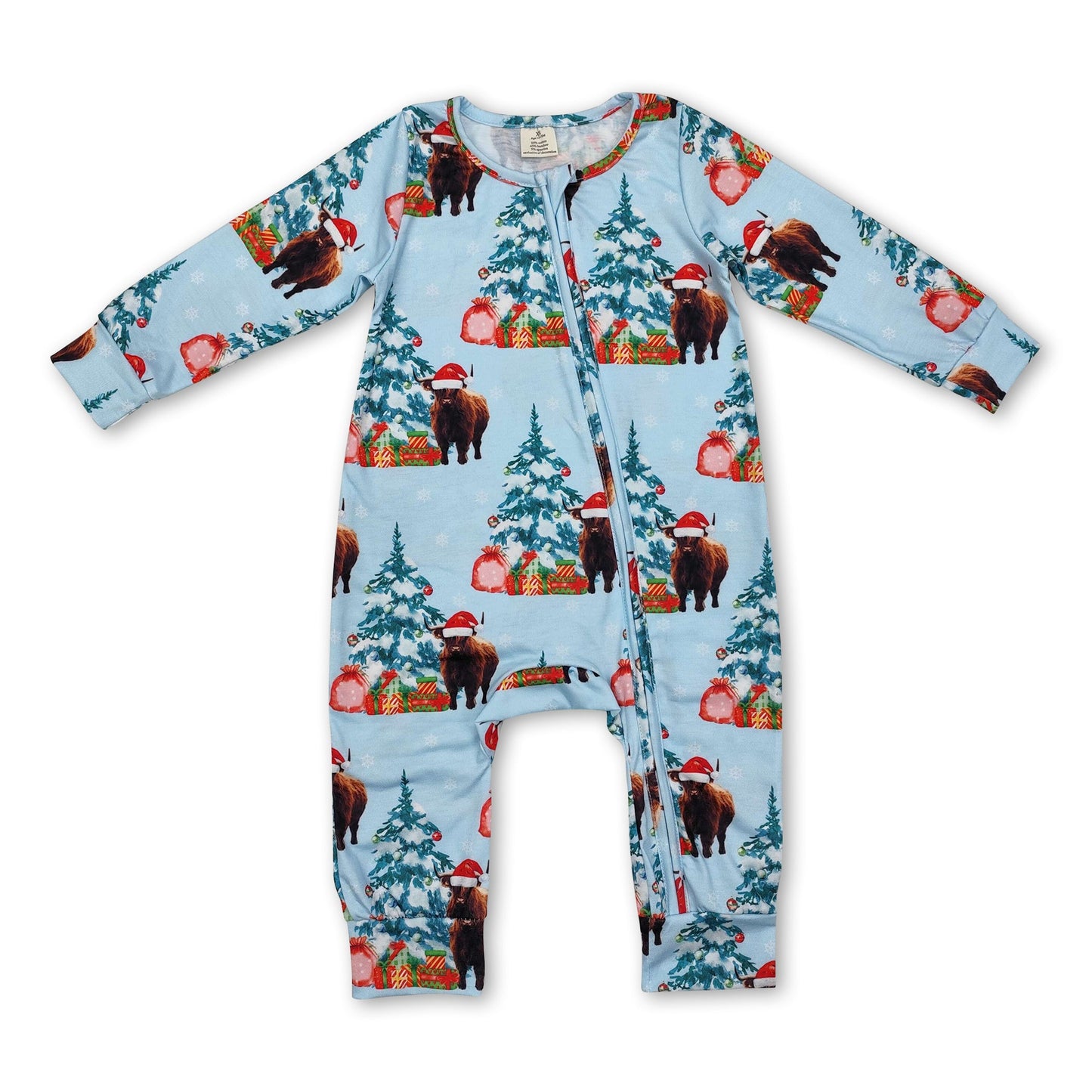 Christmas tree highland cow baby kids zipper romper