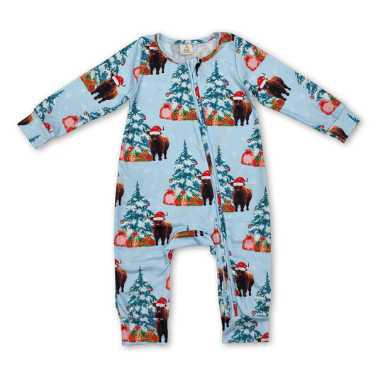 Christmas tree highland cow baby kids zipper romper