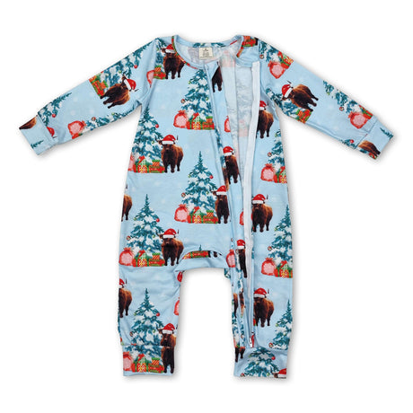 Christmas tree highland cow baby kids zipper romper