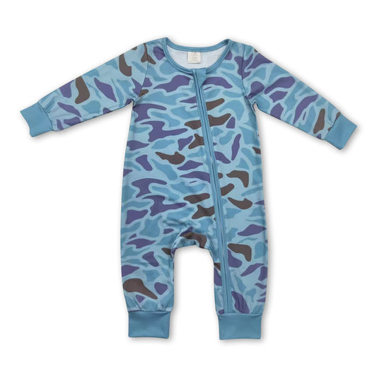 Light green camo baby boy bamboo zipper romper