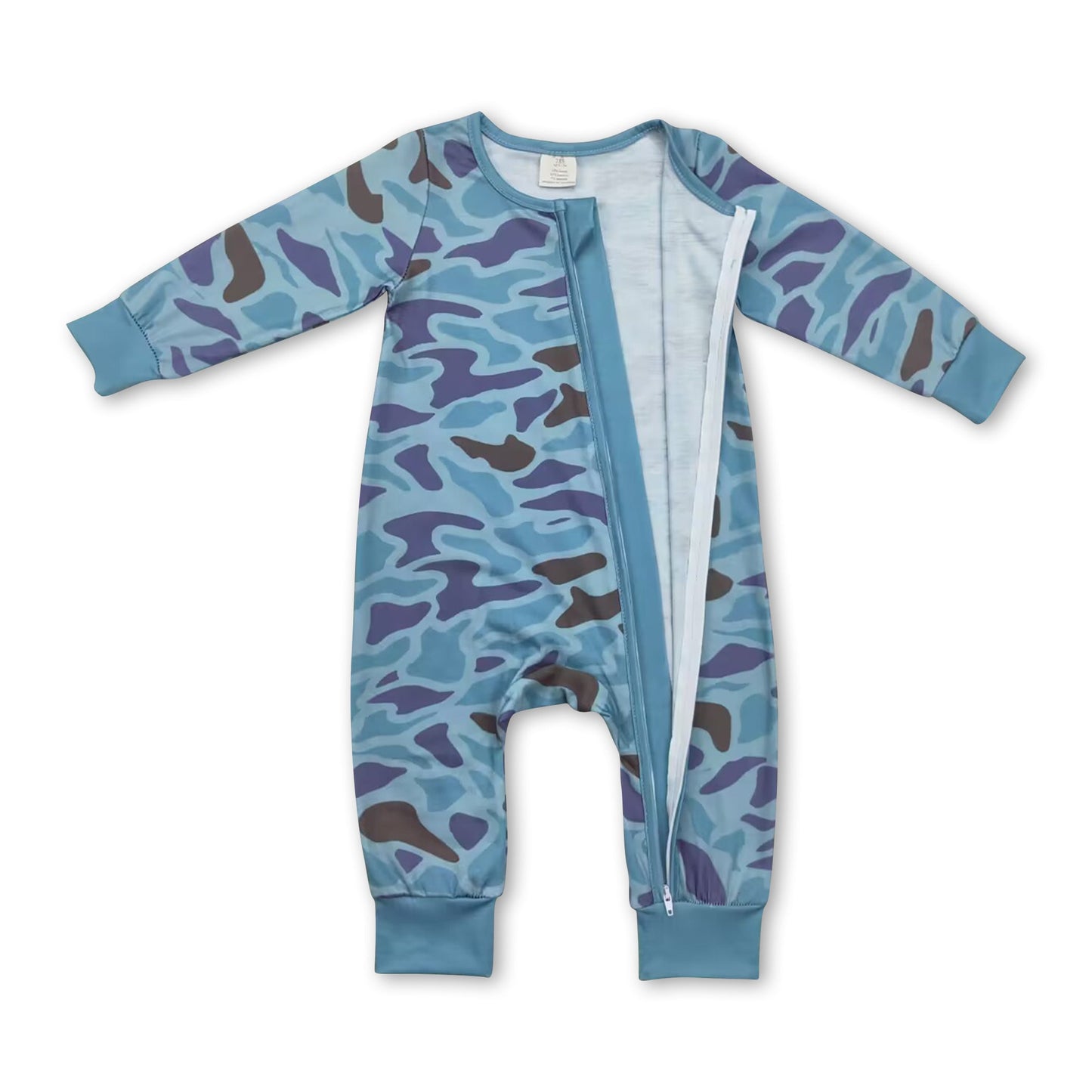 Light green camo baby boy bamboo zipper romper