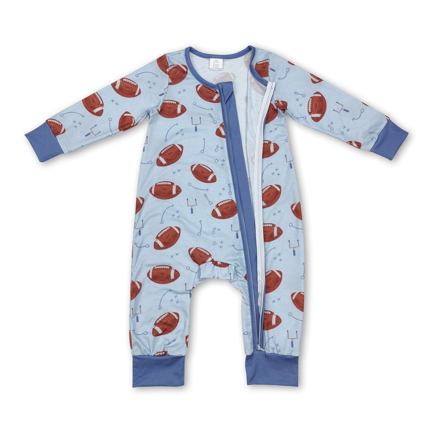 Light blue football long sleeves baby boy zipper romper