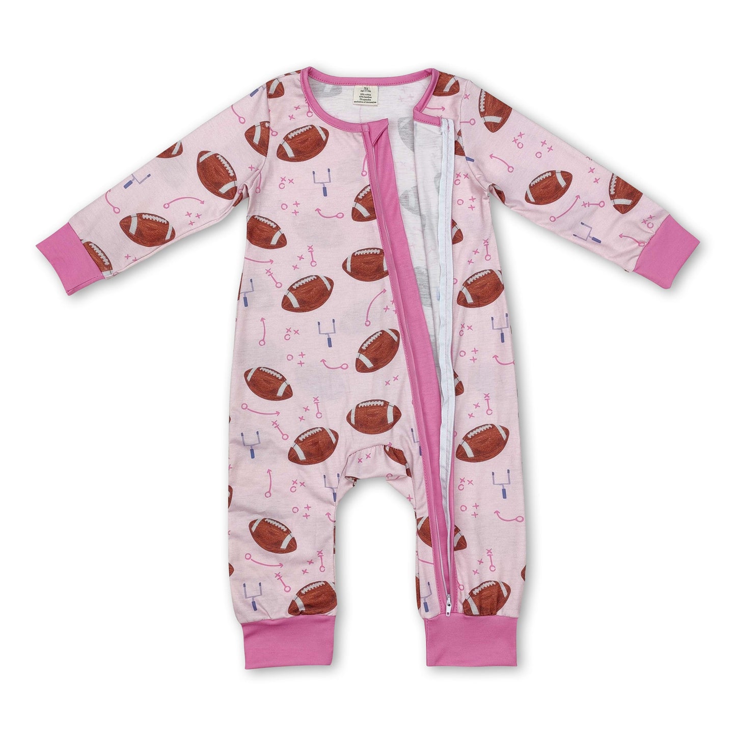 Pink football long sleeves baby girls zipper romper