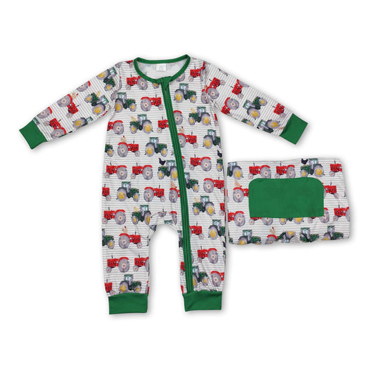 Long sleeves green red tractor baby boy farm zipper romper