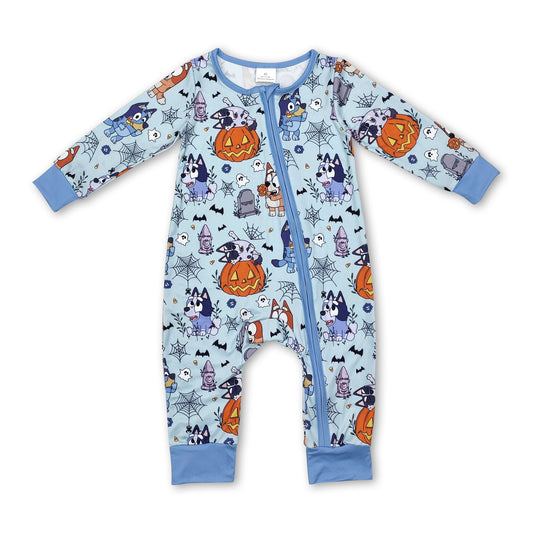 Light blue dog pumpkin baby boy Halloween zipper romper