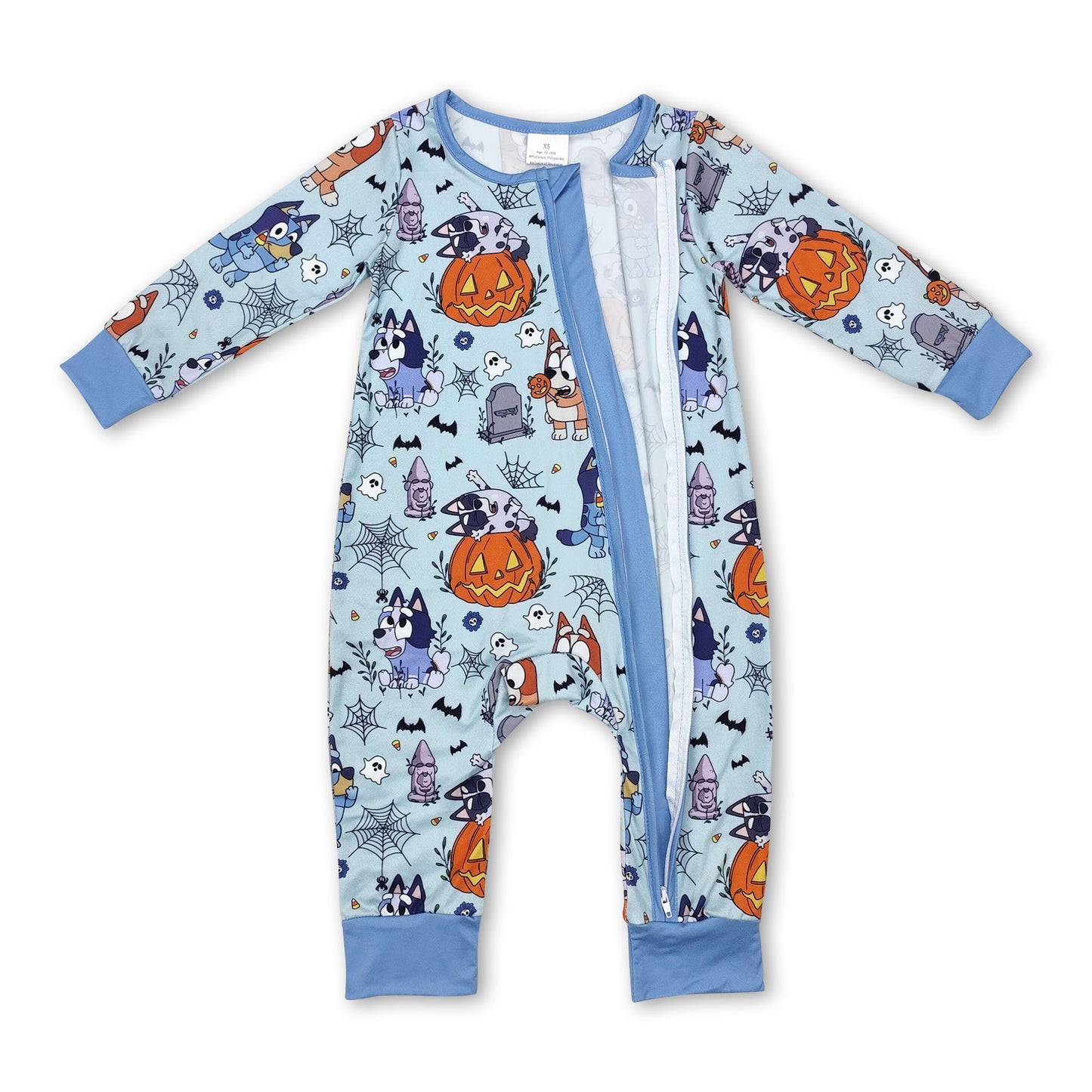 Light blue dog pumpkin baby boy Halloween zipper romper